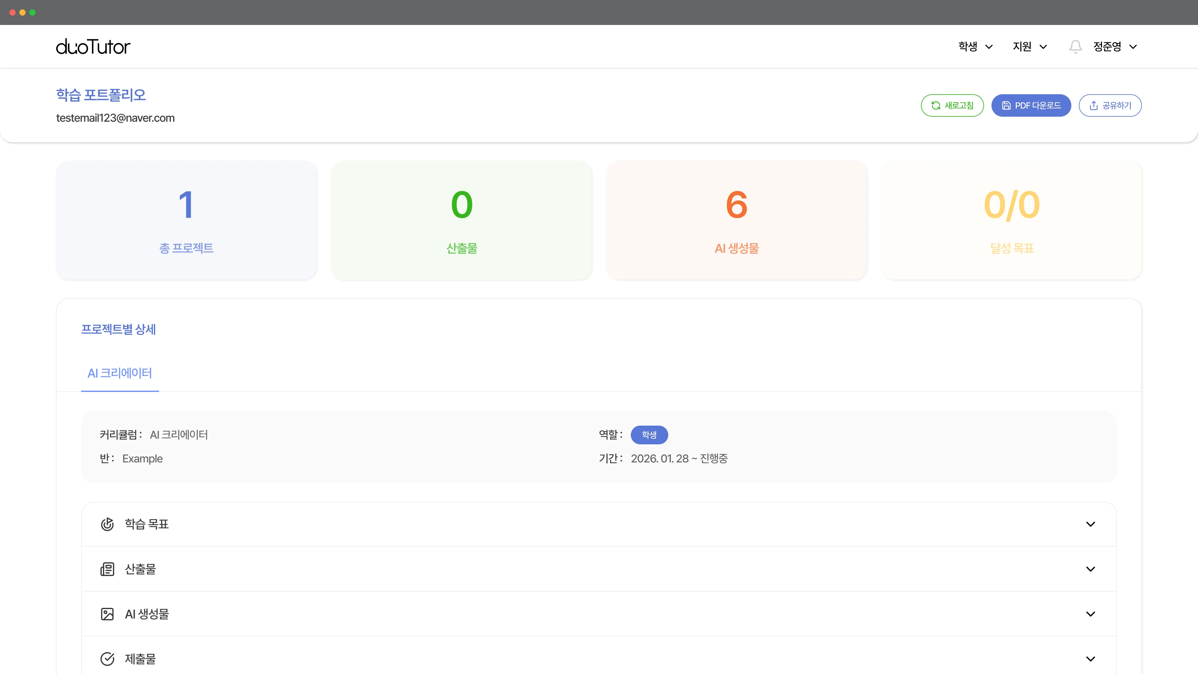 Auto-aggregated goals, reflections, outputs, and AI usage per project